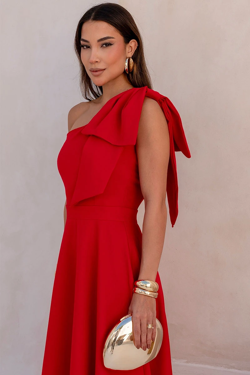 Miss Misses - Glaucia One Shoulder Dress with Red Bow - 54625024