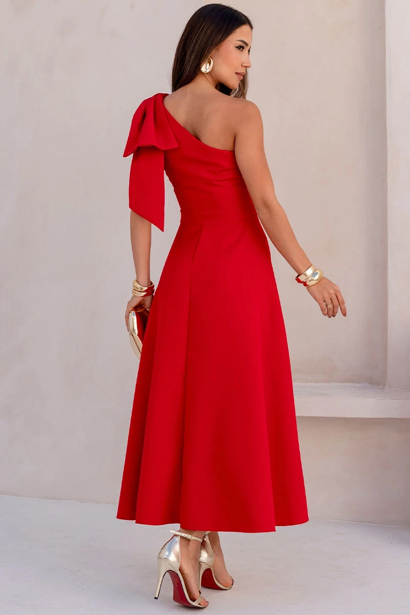 Miss Misses - Glaucia One Shoulder Dress with Red Bow - 54625024
