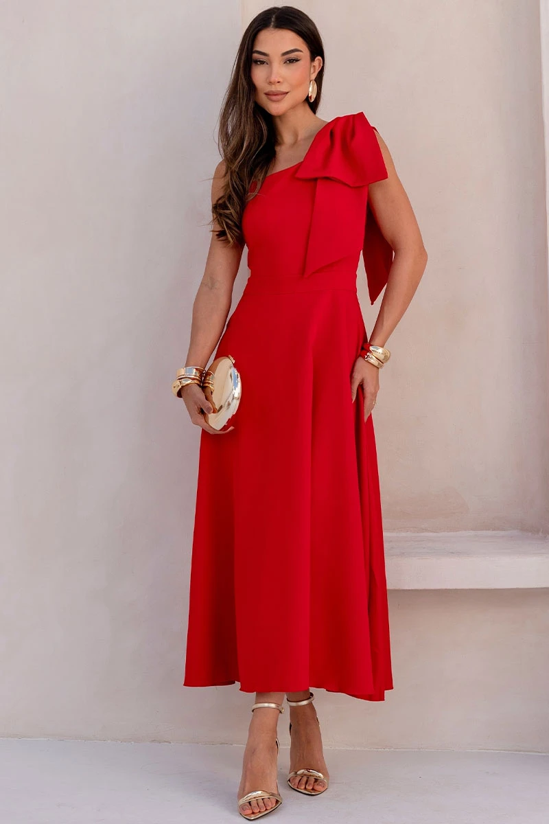Miss Misses - Glaucia One Shoulder Dress with Red Bow - 54625024