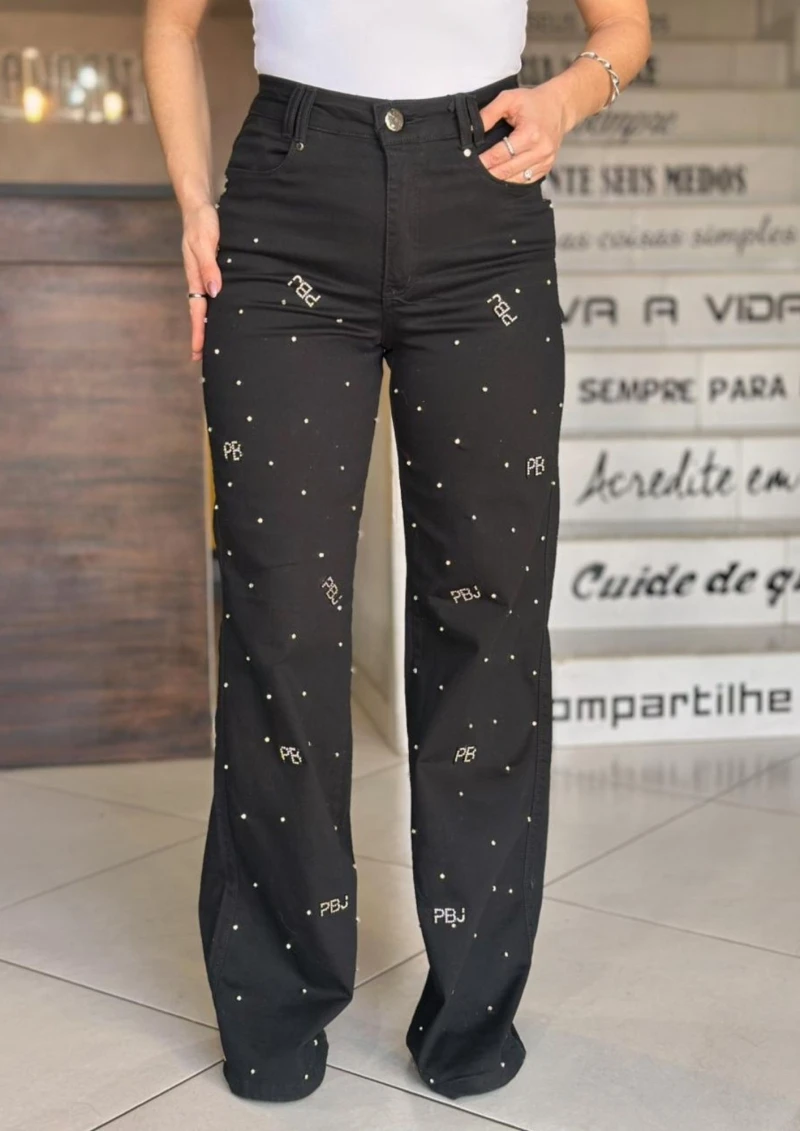 PITBULL - BLACK PIT BULL WIDE LEG PANTS WITH STONES - 86034