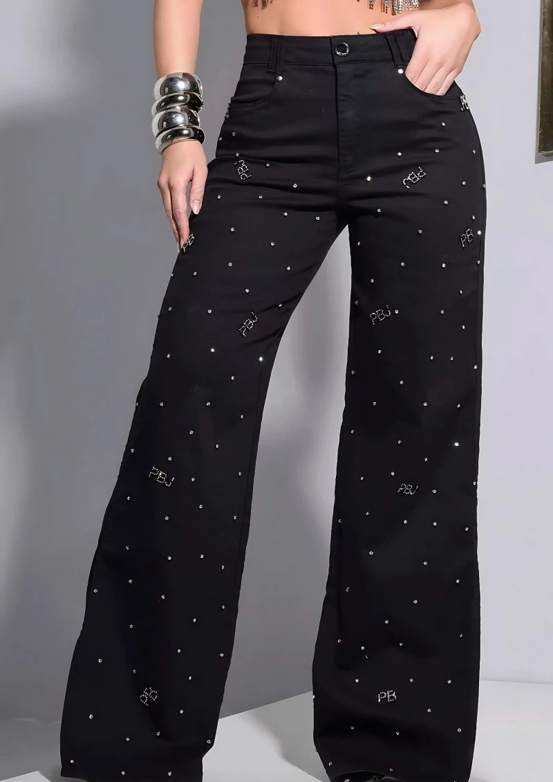 PITBULL - BLACK PIT BULL WIDE LEG PANTS WITH STONES - 86034