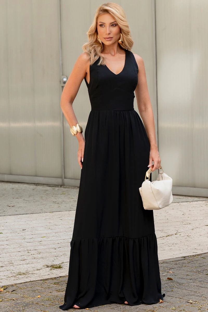 Miss Misses - Elizete Crepe Long Dress with VC Neckline/Zipper in Black - 54658001 Miss Misses - Elizete Crepe Long Dress with VC Neckline/Zipper in Black - 54658001