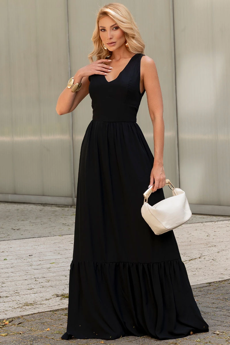 Miss Misses - Elizete Crepe Long Dress with VC Neckline/Zipper in Black - 54658001