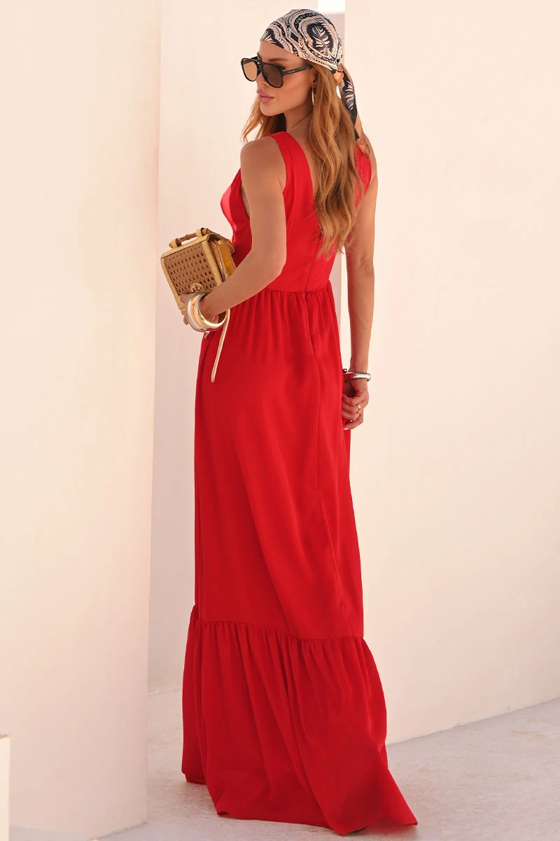 Miss Misses - Elizete Crepe Long Dress with VC Neckline/Zipper in Red - 54658024 Miss Misses - Elizete Crepe Long Dress with VC Neckline/Zipper in Red - 54658024