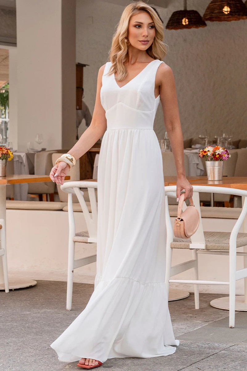 Miss Misses - Elizete Crepe Long Dress with VC Neckline/Ziper Off White - 54658030 Miss Misses - Elizete Crepe Long Dress with VC Neckline/Ziper Off White - 54658030