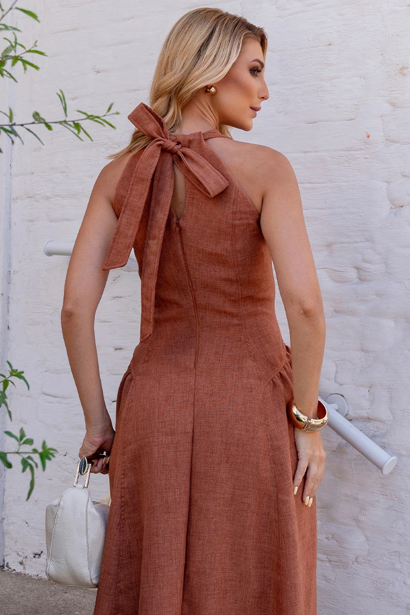 Miss Misses - Sonia V-Neck Brown Dress - 54676214 Miss Misses - Sonia V-Neck Brown Dress - 54676214