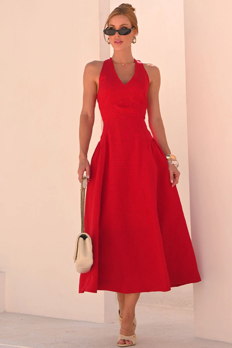 Miss Misses - Sonia V-Neck Red Dress - 54676024 Miss Misses - Sonia V-Neck Red Dress - 54676024