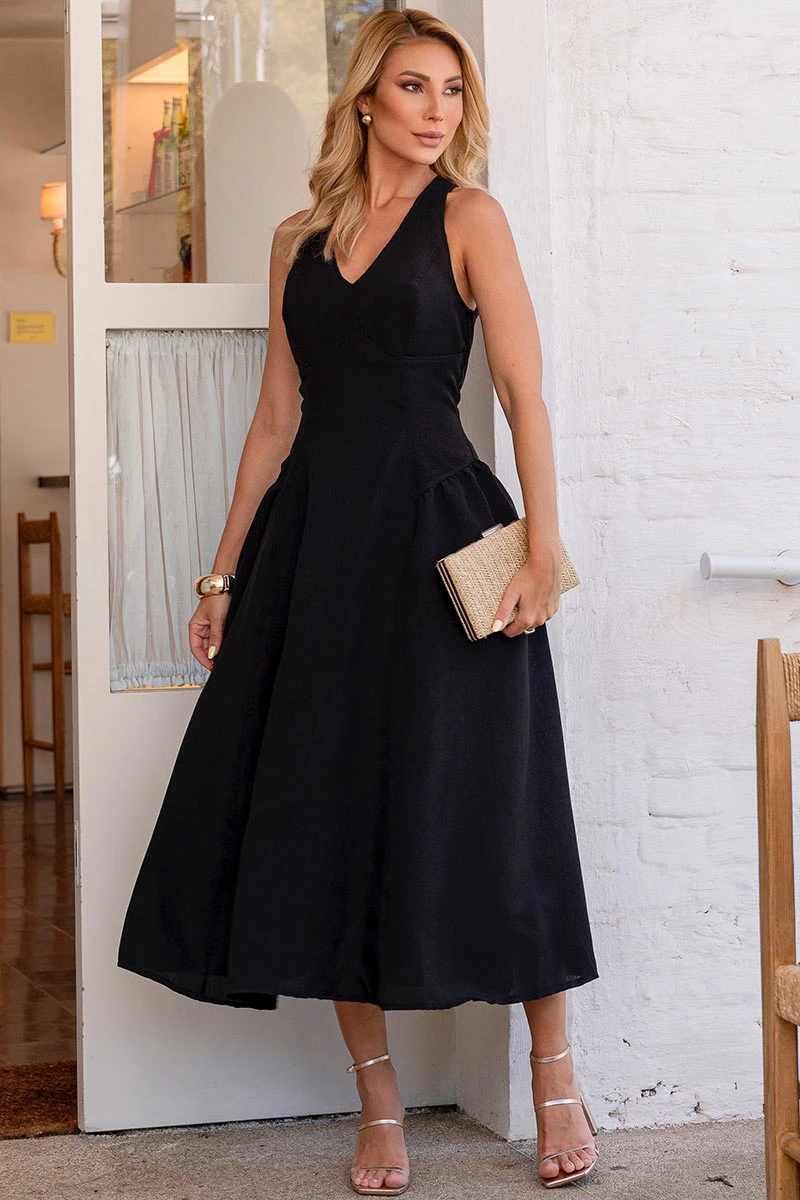 Miss Misses - Sonia V-Neck Black Dress - 54676001