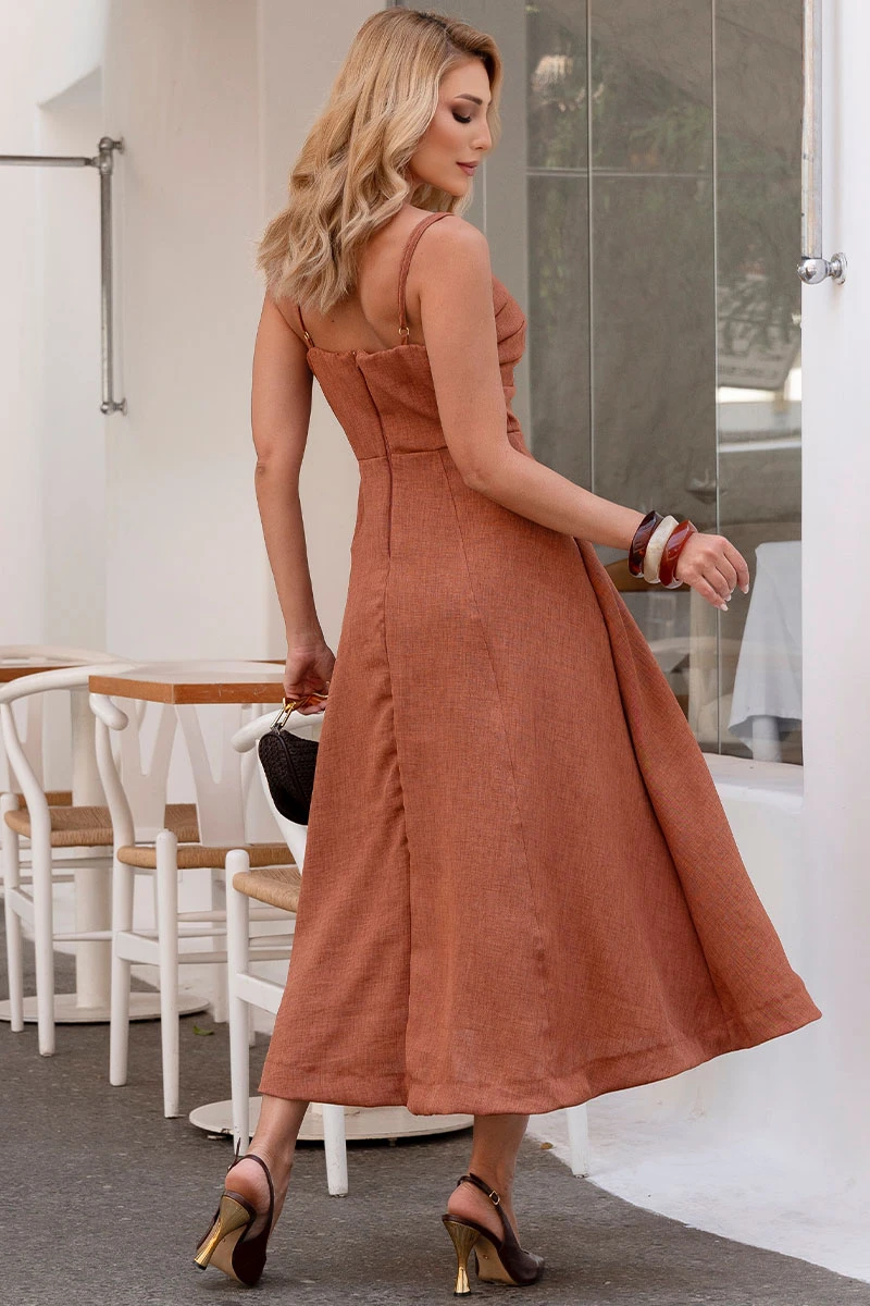 Miss Misses - Damares Dress with Thin Straps and Pleated Detail on the Bust in Brown - 54660214