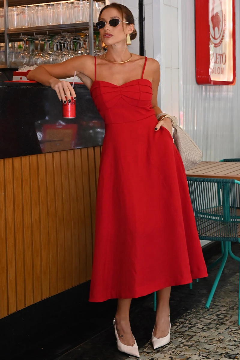 Miss Misses - Damares Dress with Thin Straps and Pleated Bust Detail in Red - 54660024