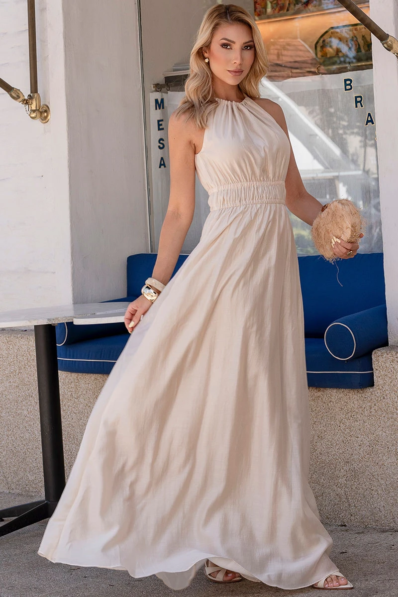 Miss Misses - Vestido Micaela Longo C/Franzido Cintura Bege - 54668215