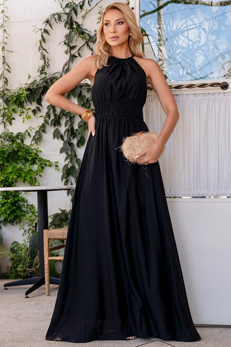 Miss Misses - Vestido Micaela Longo C/Franzido Cintura Preto - 54668001
