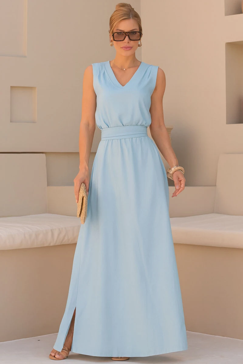 Miss Misses - Ofelia Linen Dress with V-Neckline and Blue Belt - 54613002