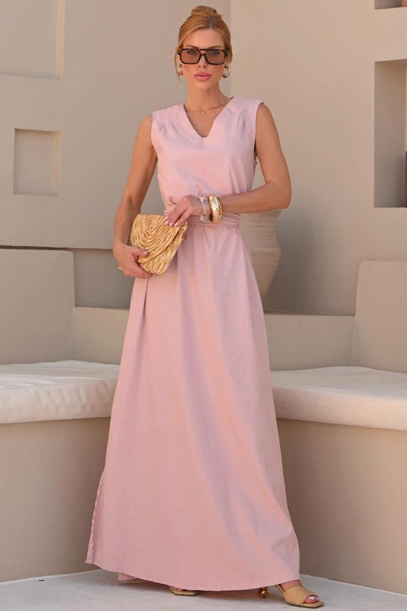 Miss Misses - Ofelia Linen V-Neck Long Dress with Pink Sash - 54613060 Miss Misses - Ofelia Linen V-Neck Long Dress with Pink Sash - 54613060