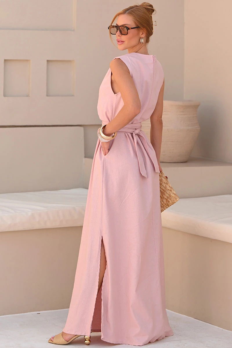 Miss Misses - Ofelia Linen V-Neck Long Dress with Pink Sash - 54613060 Miss Misses - Ofelia Linen V-Neck Long Dress with Pink Sash - 54613060