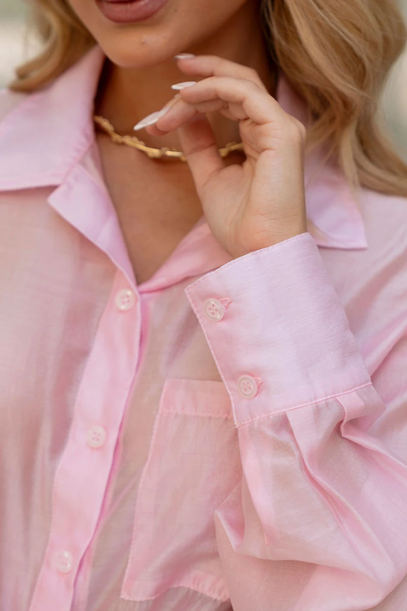Miss Misses - Samara Long Sleeve Shirt with Pink Button - 54664060