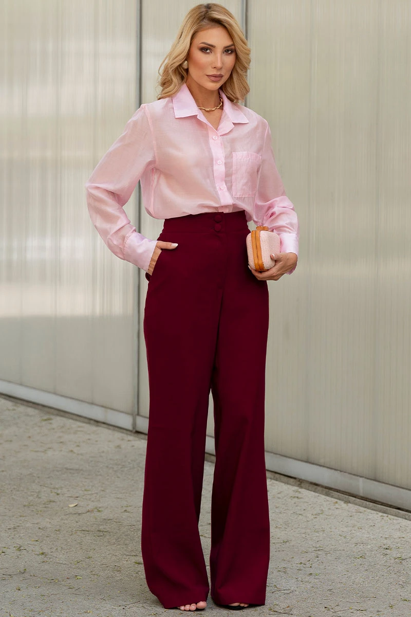 Miss Misses - Samara Long Sleeve Shirt with Pink Button - 54664060