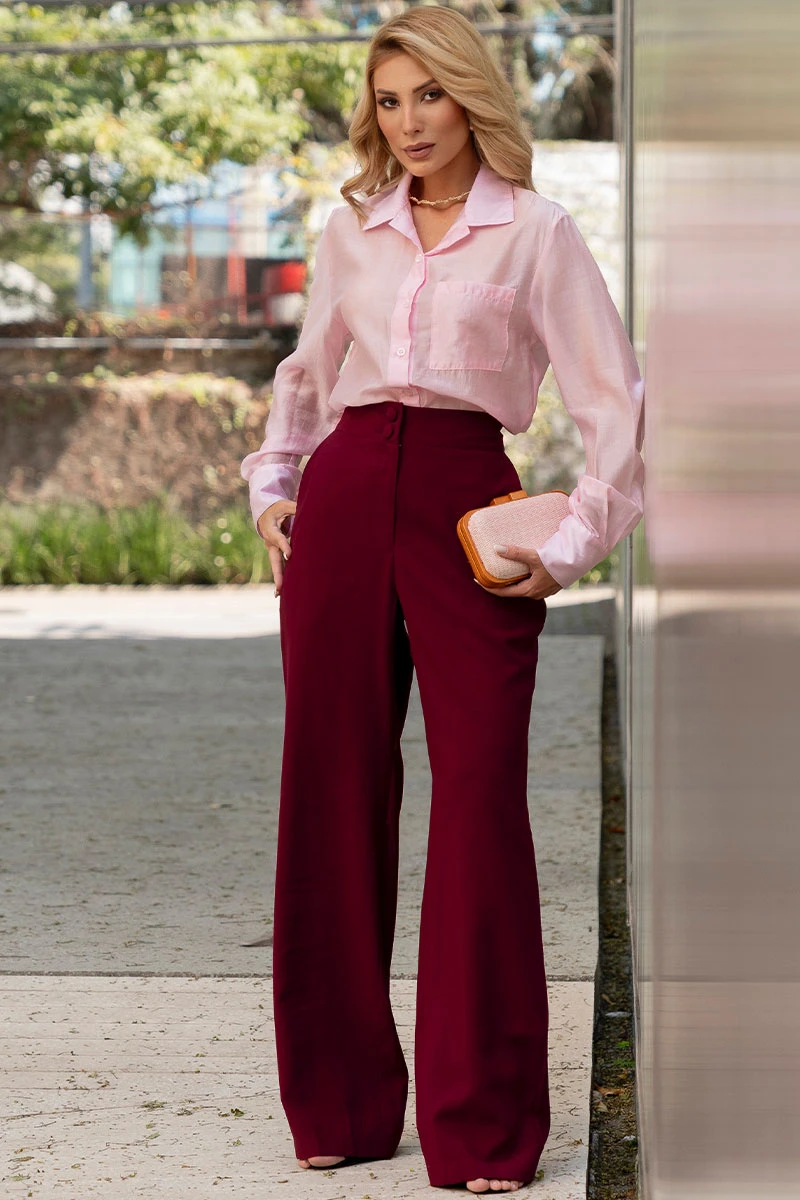 Miss Misses - Samara Long Sleeve Shirt with Pink Button - 54664060