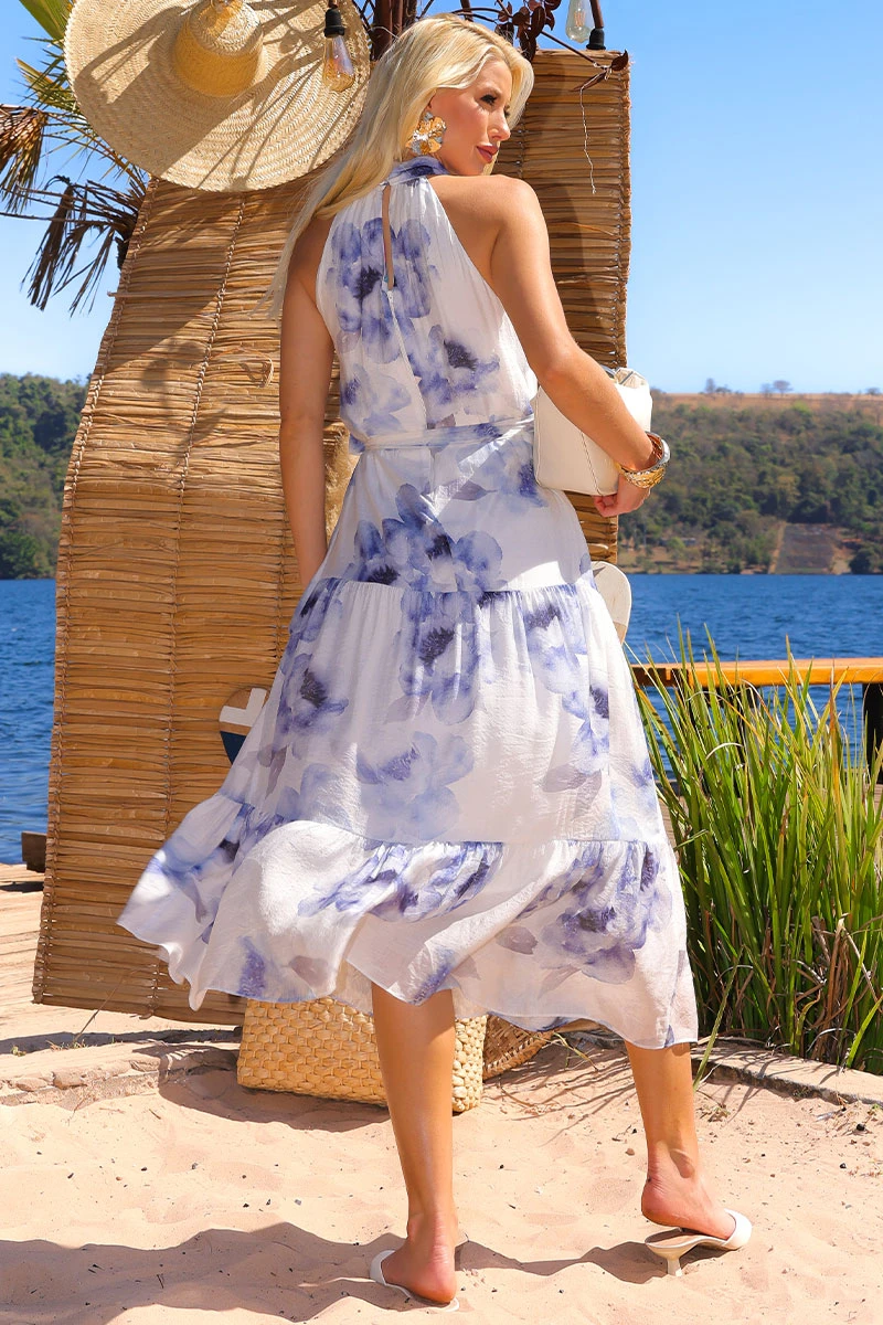 Miss Misses - Printed Midi Fanny Dress with Blue Belt - 54663002 Miss Misses - Printed Midi Fanny Dress with Blue Belt - 54663002