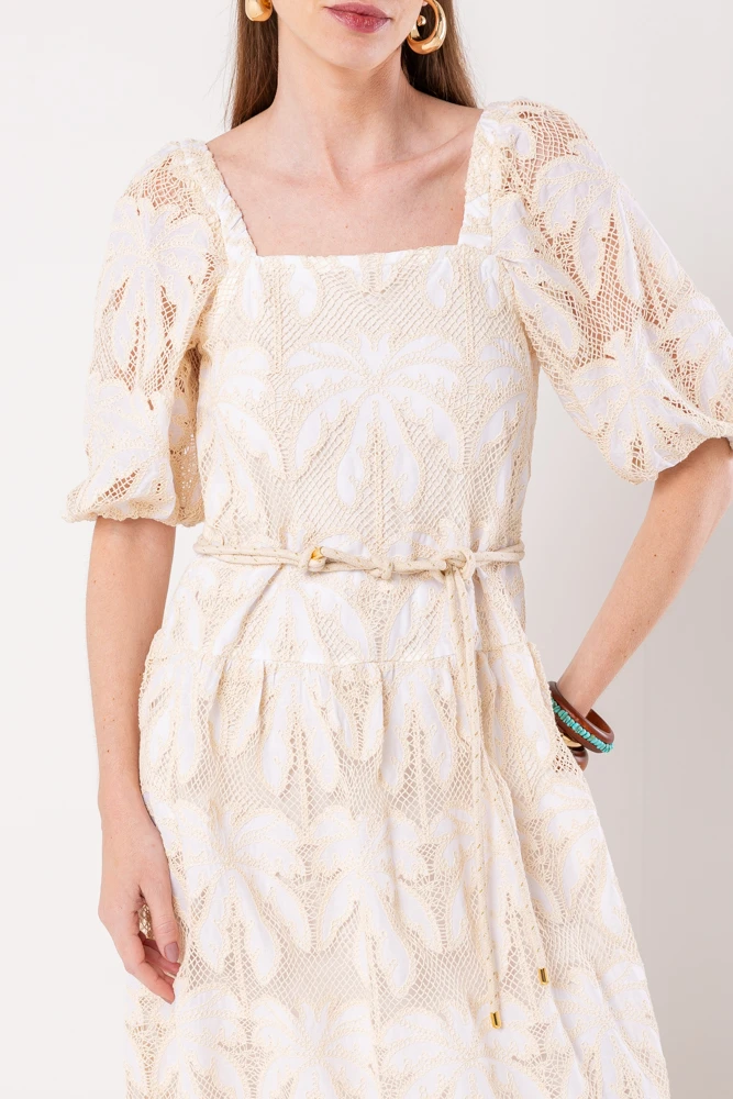 Hidrogênio - MIDI DRESS WITH PUFFED MG AND WHITE EMBROIDERED COTTON BELT - 20542002 Hidrogênio - MIDI DRESS WITH PUFFED MG AND WHITE EMBROIDERED COTTON BELT - 20542002