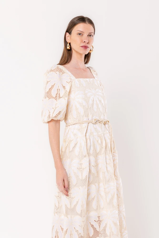Hidrogênio - MIDI DRESS WITH PUFFED MG AND WHITE EMBROIDERED COTTON BELT - 20542002 Hidrogênio - MIDI DRESS WITH PUFFED MG AND WHITE EMBROIDERED COTTON BELT - 20542002