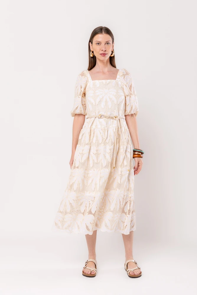Hidrogênio - MIDI DRESS WITH PUFFED MG AND WHITE EMBROIDERED COTTON BELT - 20542002 Hidrogênio - MIDI DRESS WITH PUFFED MG AND WHITE EMBROIDERED COTTON BELT - 20542002
