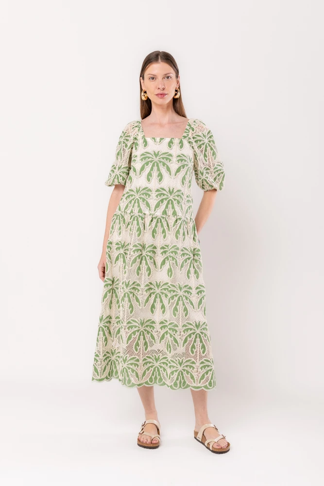Hidrogênio - MIDI DRESS WITH PUFFED MG AND GREEN EMBROIDERED COTTON BELT - 20542009 Hidrogênio - MIDI DRESS WITH PUFFED MG AND GREEN EMBROIDERED COTTON BELT - 20542009