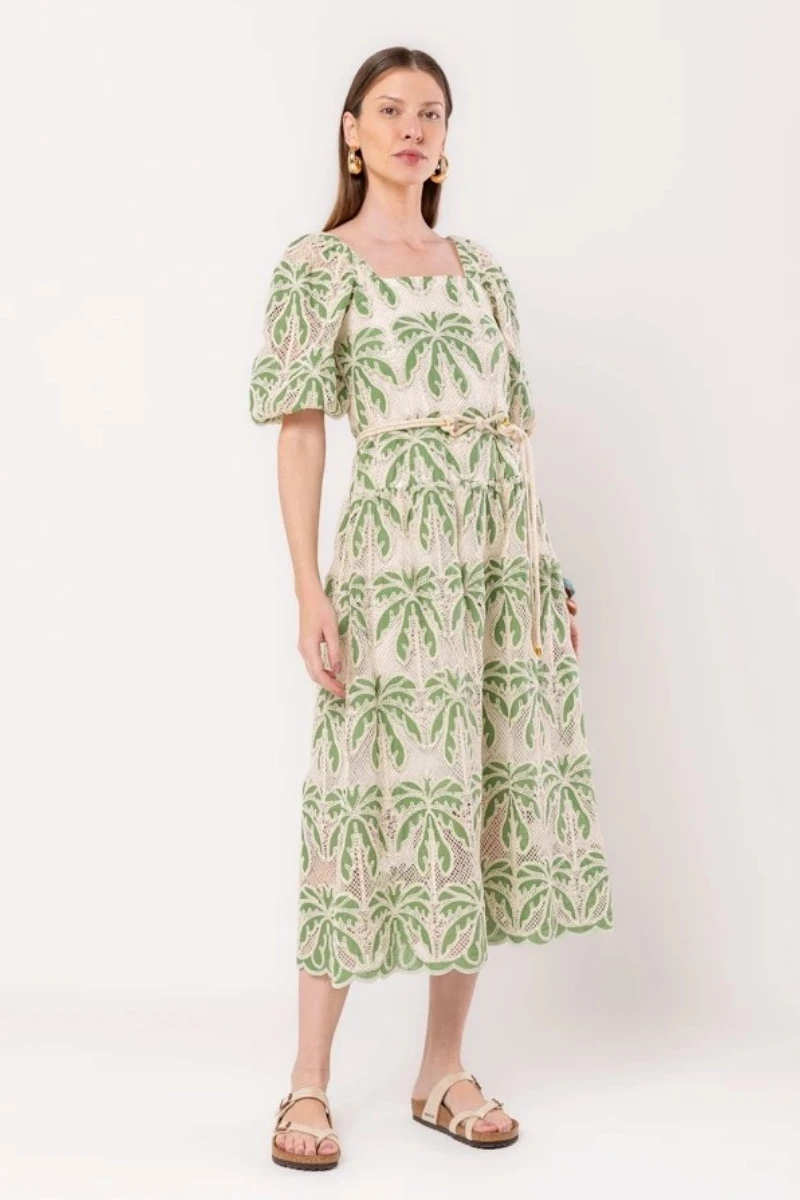 Hidrogênio - MIDI DRESS WITH PUFFED MG AND GREEN EMBROIDERED COTTON BELT - 20542009