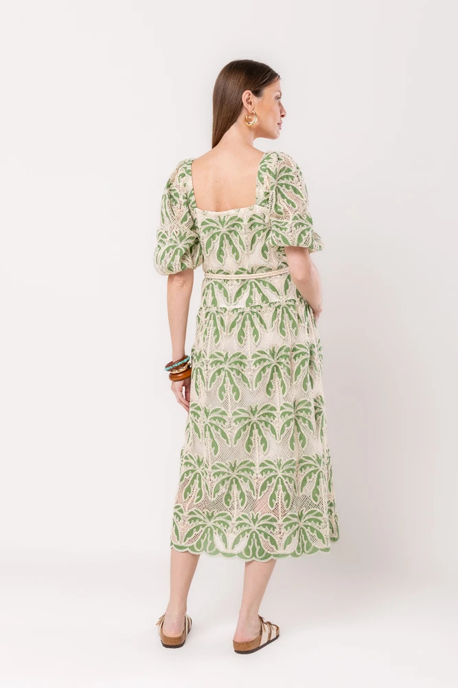 Hidrogênio - MIDI DRESS WITH PUFFED MG AND GREEN EMBROIDERED COTTON BELT - 20542009 Hidrogênio - MIDI DRESS WITH PUFFED MG AND GREEN EMBROIDERED COTTON BELT - 20542009