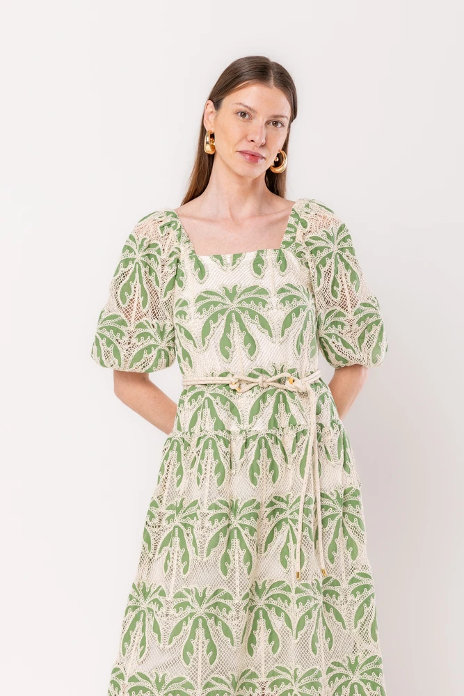 Hidrogênio - MIDI DRESS WITH PUFFED MG AND GREEN EMBROIDERED COTTON BELT - 20542009 Hidrogênio - MIDI DRESS WITH PUFFED MG AND GREEN EMBROIDERED COTTON BELT - 20542009
