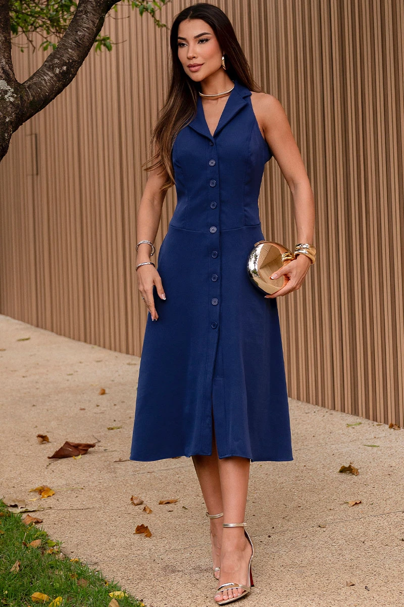 Miss Misses - Flaviana Midi Open Dress with Booties and Pockets Navy Blue - 54628004 Miss Misses - Flaviana Midi Open Dress with Booties and Pockets Navy Blue - 54628004