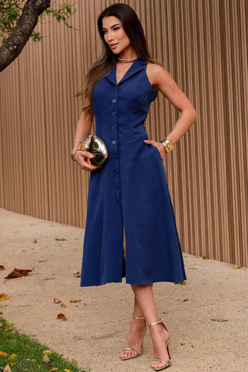 Miss Misses - Flaviana Midi Open Dress with Booties and Pockets Navy Blue - 54628004 Miss Misses - Flaviana Midi Open Dress with Booties and Pockets Navy Blue - 54628004
