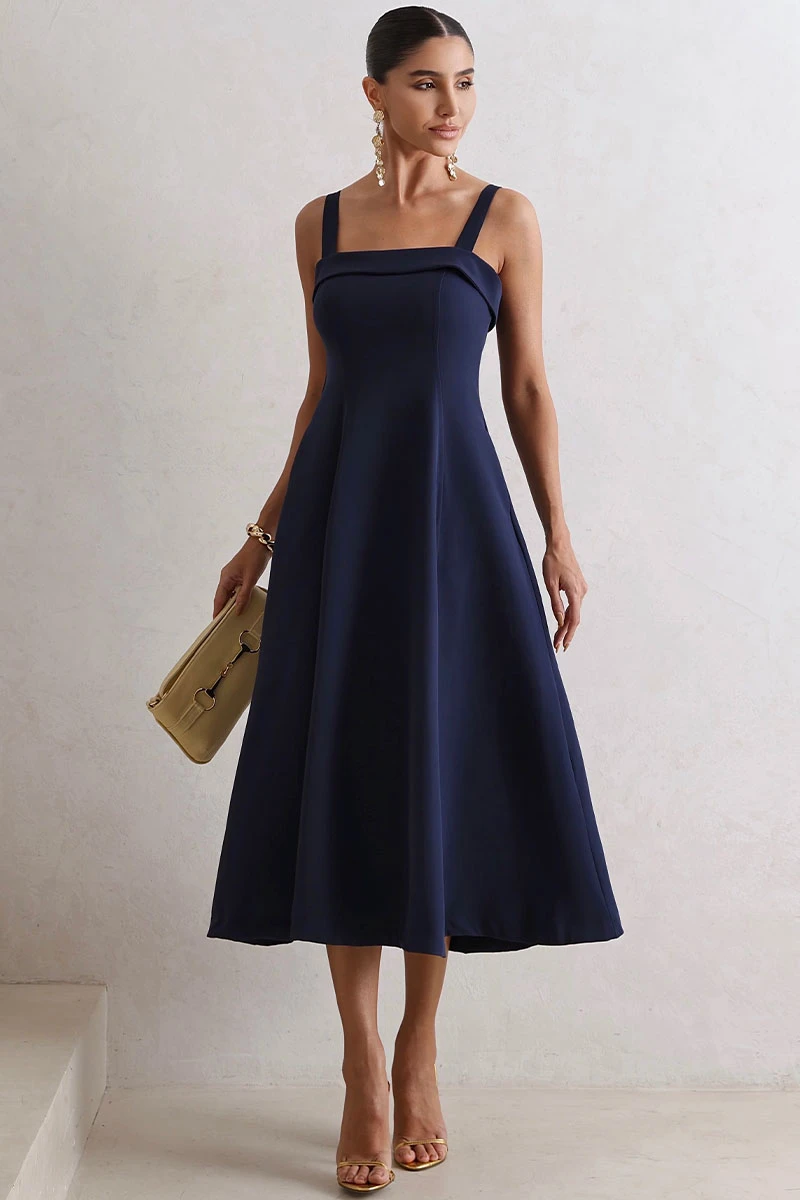 Miss Misses - Teodora Dress with Straps, Pockets, and Zipper Navy Blue - 54679004