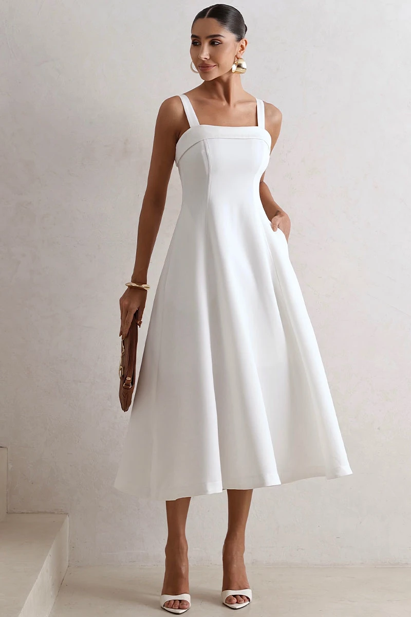 Miss Misses - Teodora Dress with Straps, Pockets, and Zippers Off White - 54679004