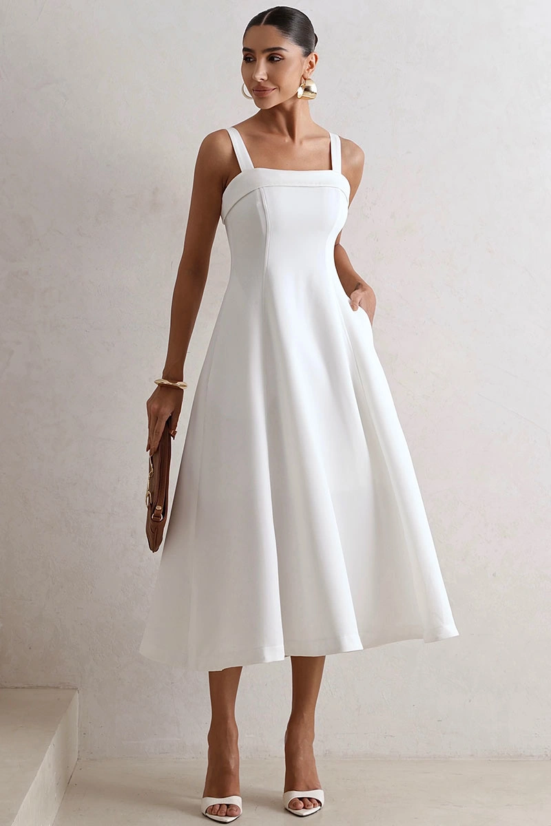 Miss Misses - Teodora Dress with Straps, Pockets, and Zippers Off White - 54679030