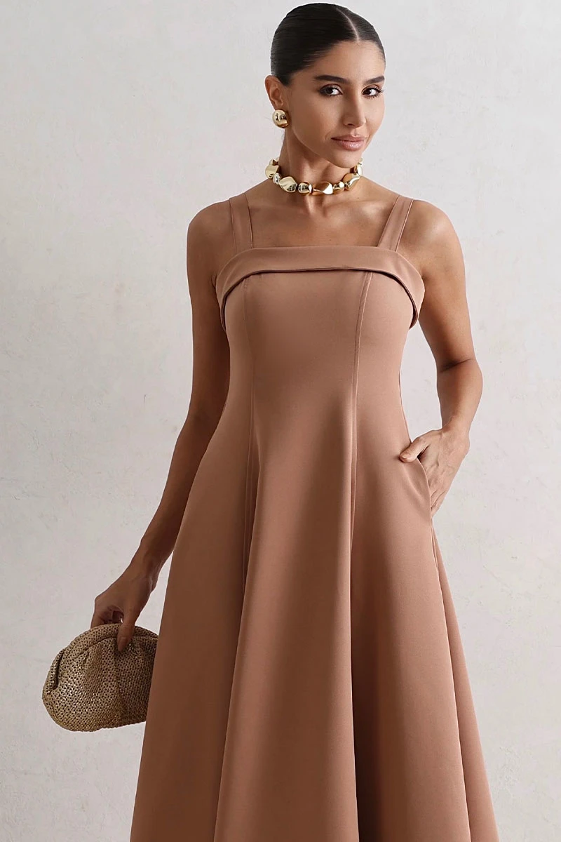 Miss Misses - Teodora Dress with Straps, Pockets, and Zippers, Brown - 54679214
