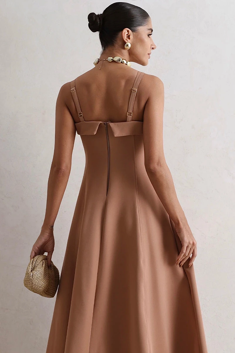 Miss Misses - Teodora Dress with Straps, Pockets, and Zippers, Brown - 54679214