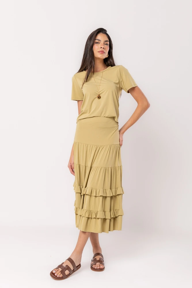Hidrogênio - MIDI SKIRT WITH RUFFLES IN CANA GREEN THREAD - 19604479 Hidrogênio - MIDI SKIRT WITH RUFFLES IN CANA GREEN THREAD - 19604479