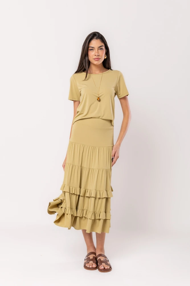 Hidrogênio - MIDI SKIRT WITH RUFFLES IN CANA GREEN THREAD - 19604479 Hidrogênio - MIDI SKIRT WITH RUFFLES IN CANA GREEN THREAD - 19604479