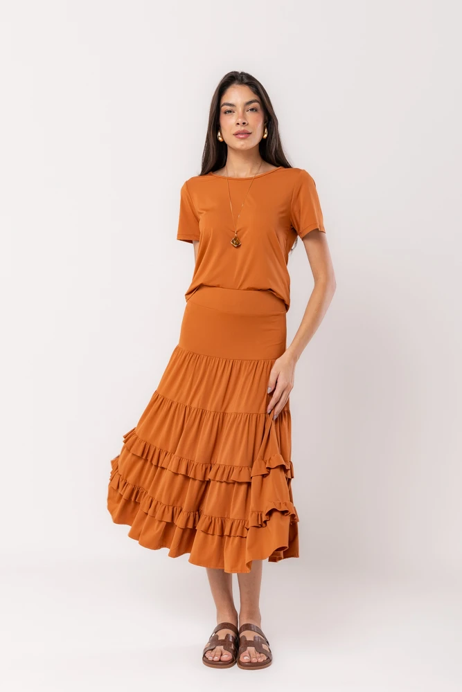 Hidrogênio - MIDI SKIRT WITH RUFFLES IN EARTH LINE - 19604332