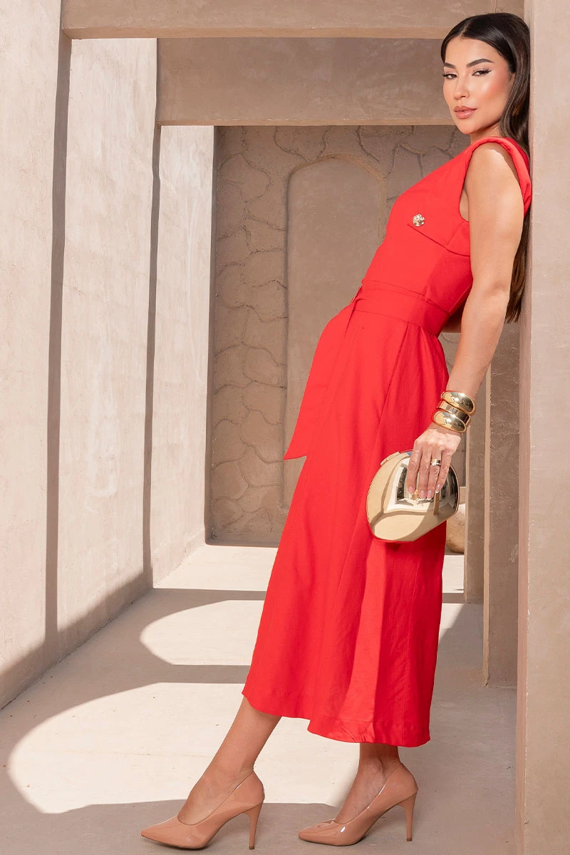 Miss Misses - Irani Linen Dress with Red Belt and Boots - 54692024