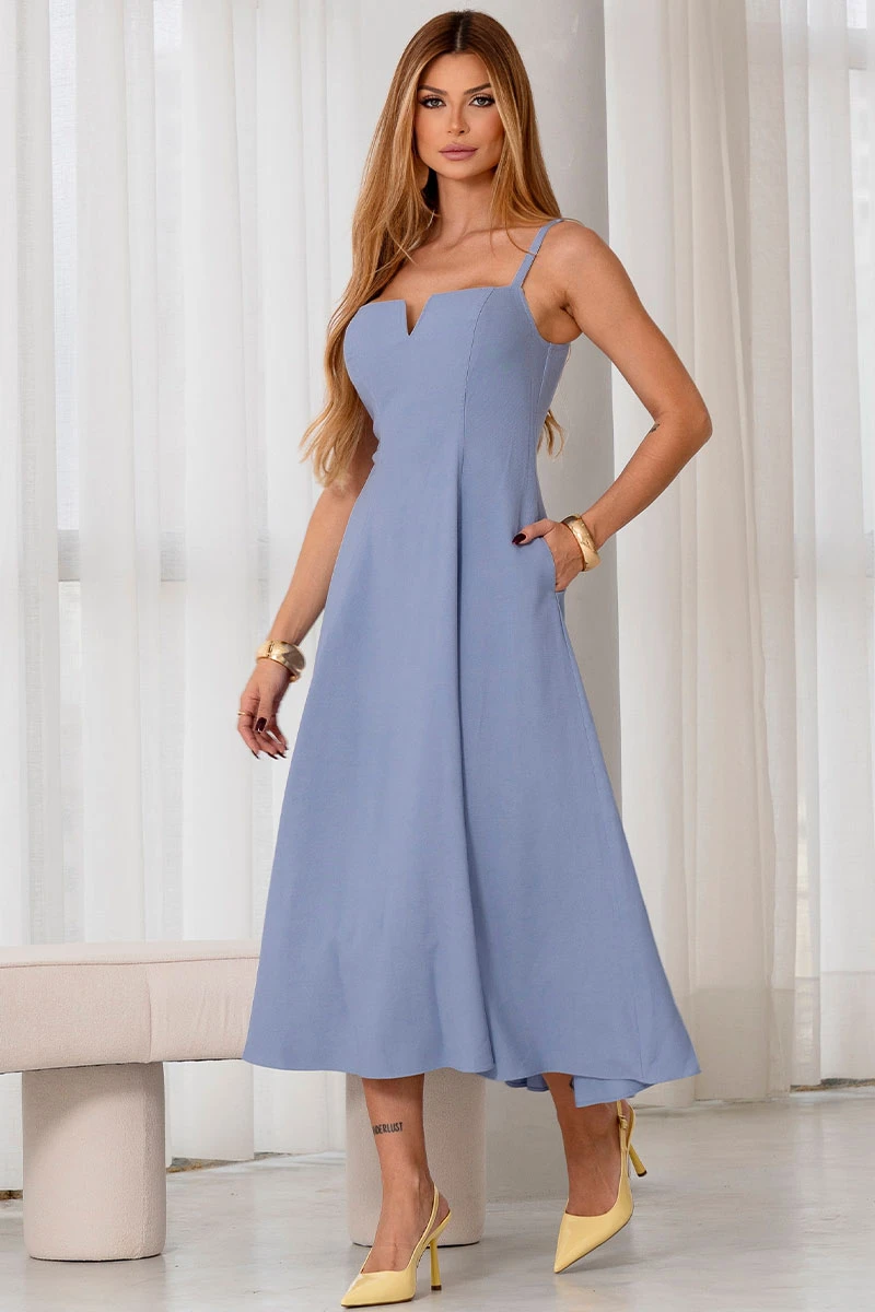 Miss Misses - Carol Dress with V-Neckline and Straps in Blue - 54546002