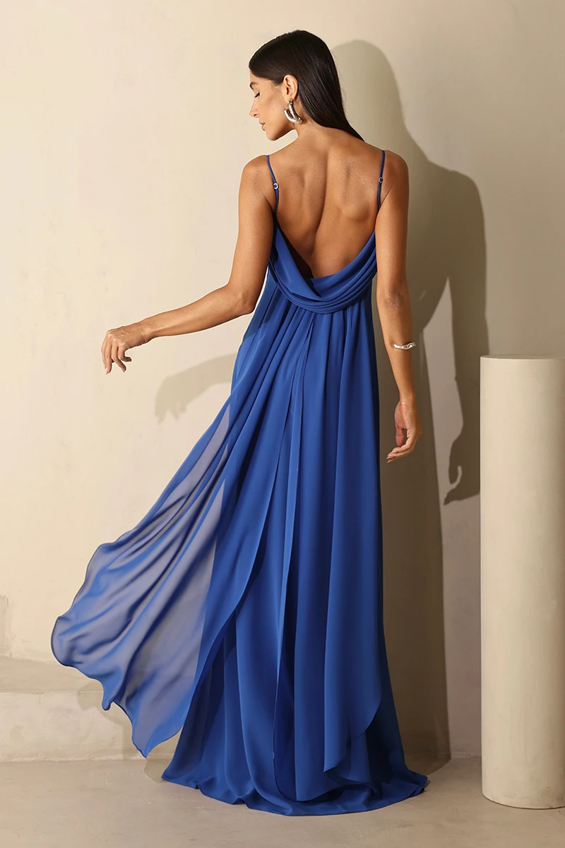 Dot Clothing - Dot Clothing Long Eva Dress with Train and Dark Blue Draping - 2844AZULES Dot Clothing - Dot Clothing Long Eva Dress with Train and Dark Blue Draping - 2844AZULES