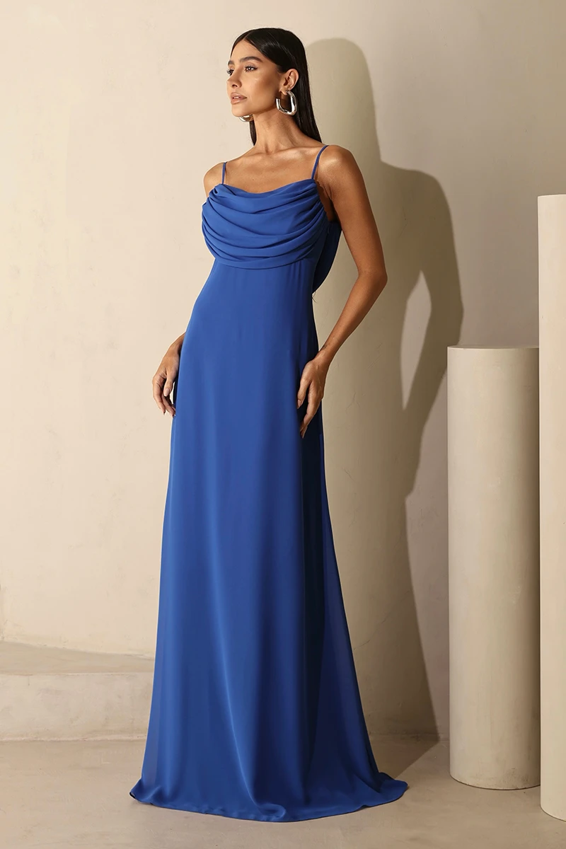 Dot Clothing - Dot Clothing Long Eva Dress with Train and Dark Blue Draping - 2844AZULES