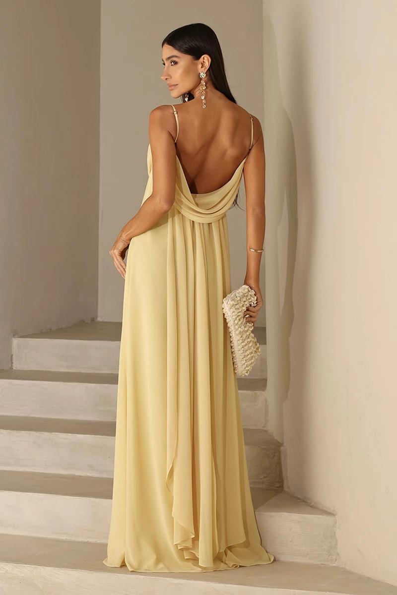 Dot Clothing - Dot Clothing Long Eva Dress with Yellow Draping and Train - 2844AMAR