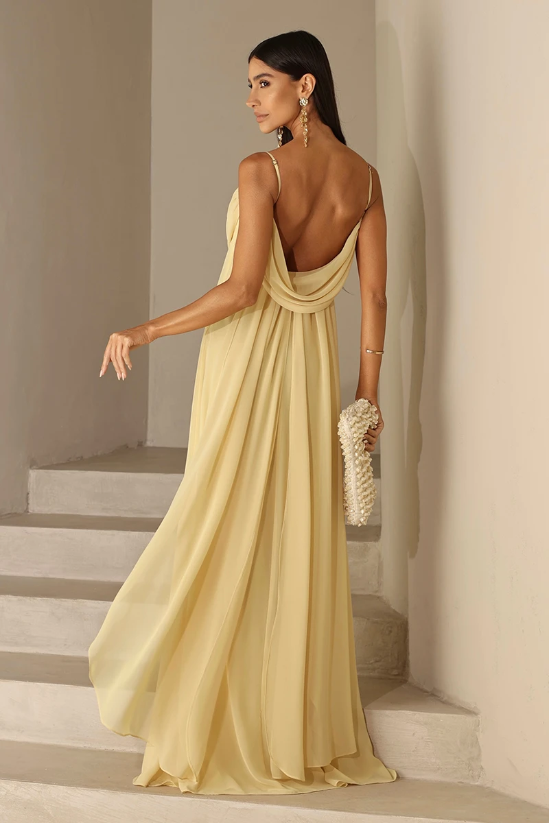 Dot Clothing - Dot Clothing Long Eva Dress with Yellow Draping and Train - 2844AMAR