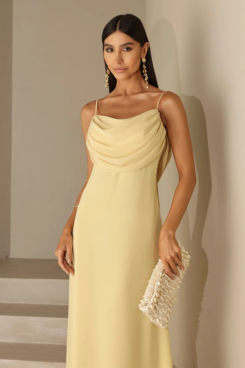 Dot Clothing - Dot Clothing Long Eva Dress with Yellow Draping and Train - 2844AMAR