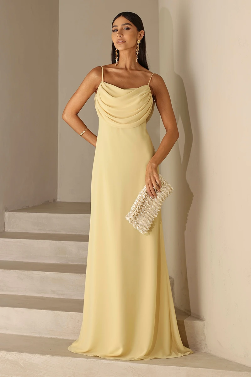 Dot Clothing - Dot Clothing Long Eva Dress with Yellow Draping and Train - 2844AMAR
