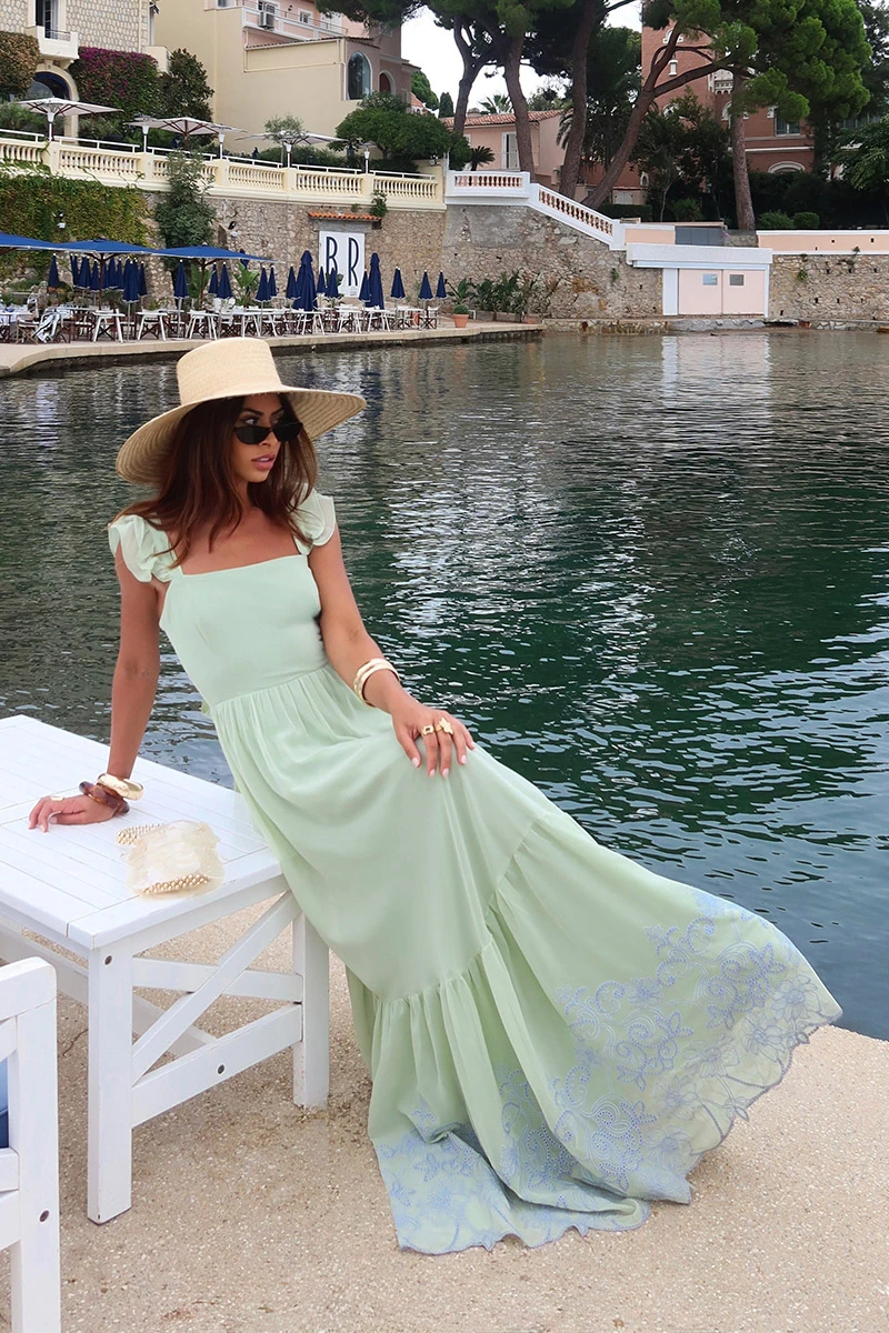 Dot Clothing - Dress Dot Clothing Lauren Long W/ needlework Mint Green - 2849VERDEM