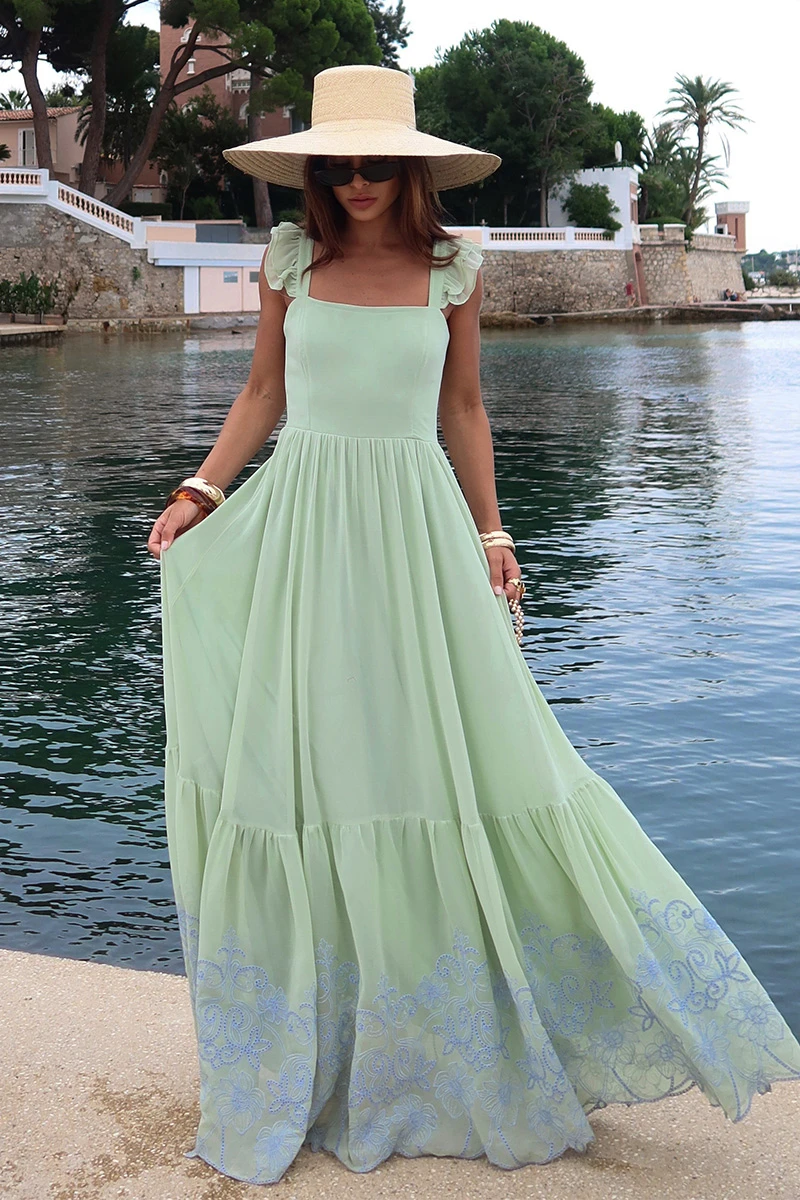 Dot Clothing - Dress Dot Clothing Lauren Long W/ needlework Mint Green - 2849VERDEM